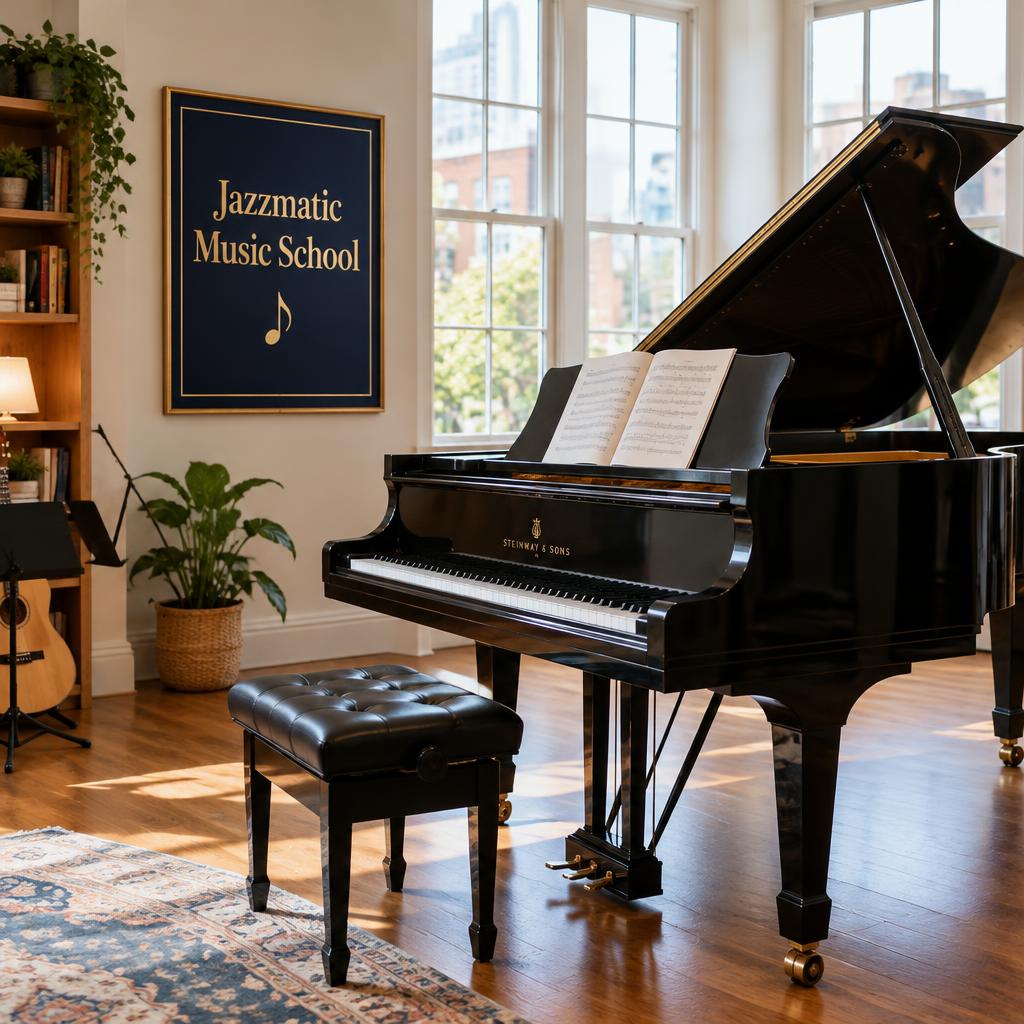Grand piano in a bright music school room
