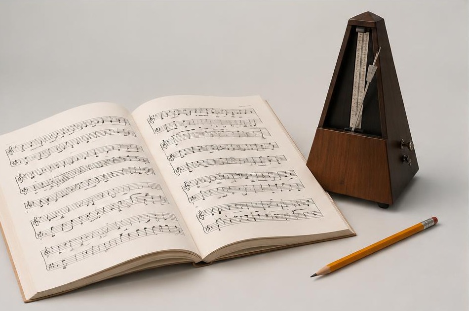 Illustrative sheet music and metronome for music theory